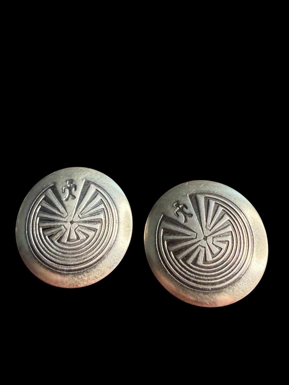 Sterling Silver Man in the Maze Round Disc Stud Earrings Southwestern Native